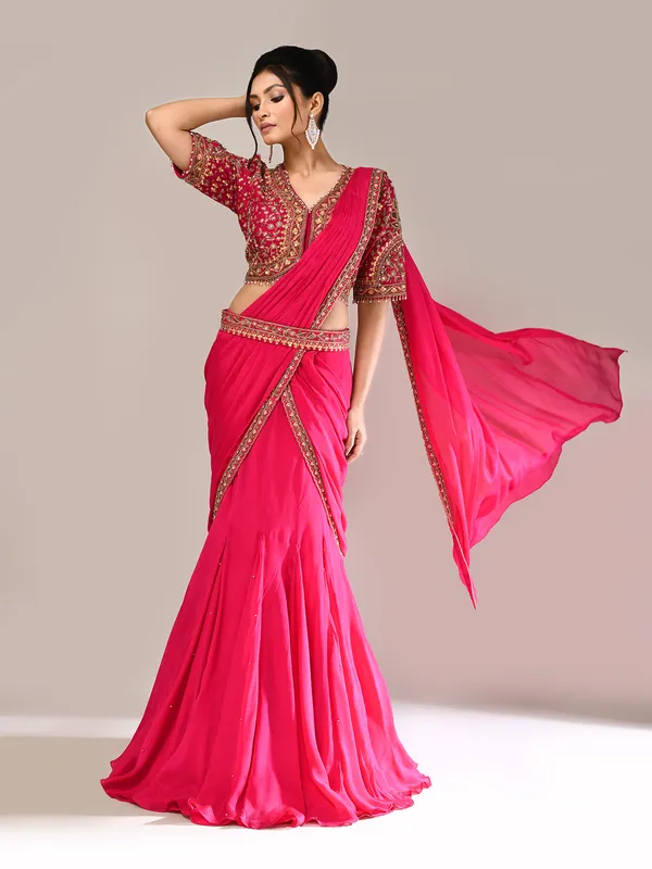 Magenta chiffon silk resham work lehenga choli