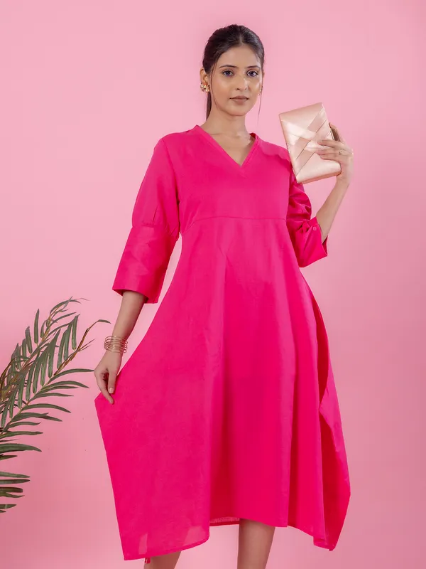 Magenta cotton casual dress for women