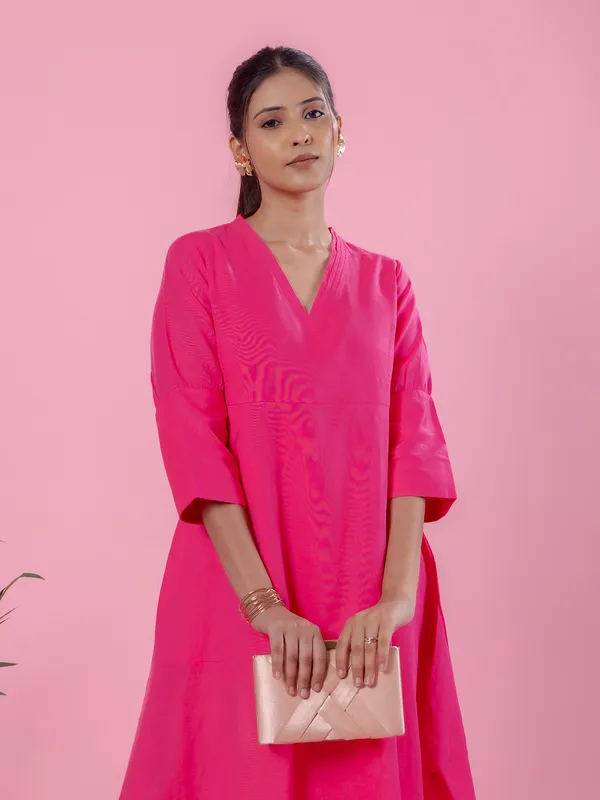 Magenta cotton casual dress for women