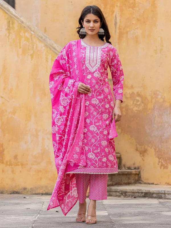 Magenta cotton floral printed kurti set