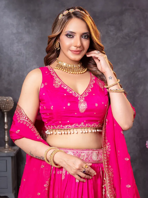 Magenta crepe silk lehenga choli with dupatta