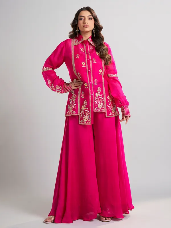 Magenta designer silk palazzo suit with collar neck