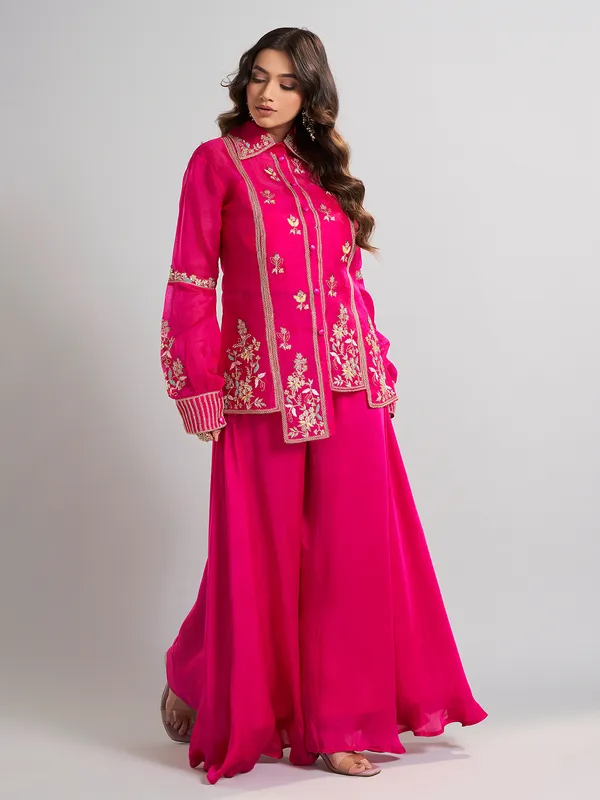 Magenta designer silk palazzo suit with collar neck