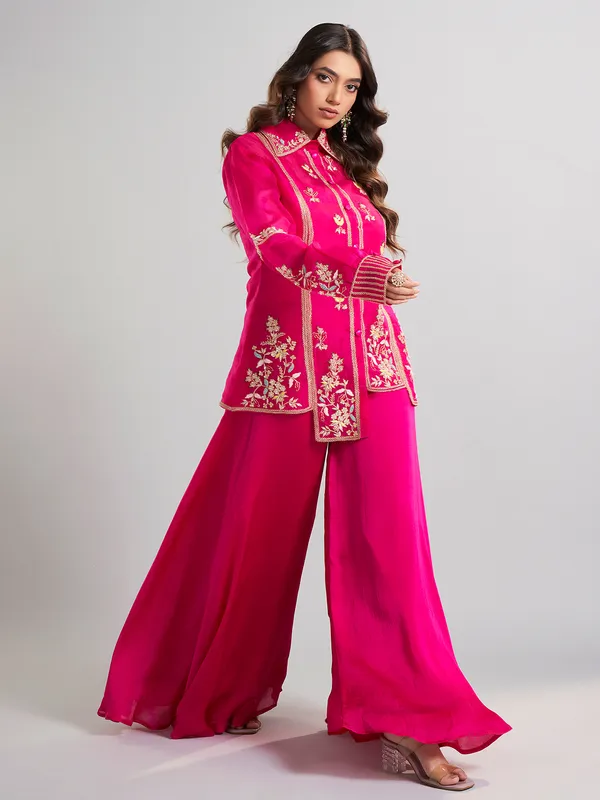 Magenta designer silk palazzo suit with collar neck