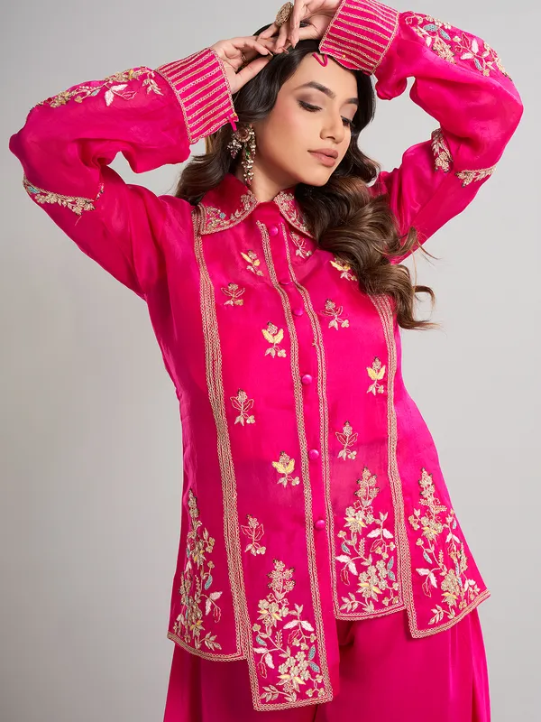 Magenta designer silk palazzo suit with collar neck