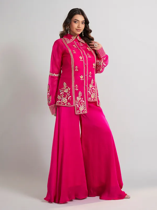 Magenta designer silk palazzo suit with collar neck