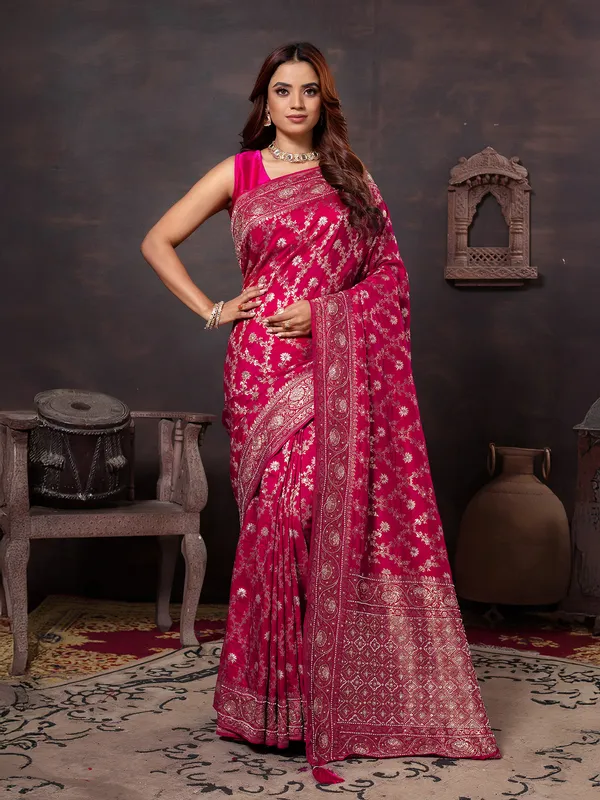 Magenta dola silk saree with beads work