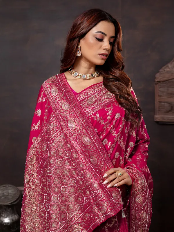 Magenta dola silk saree with beads work