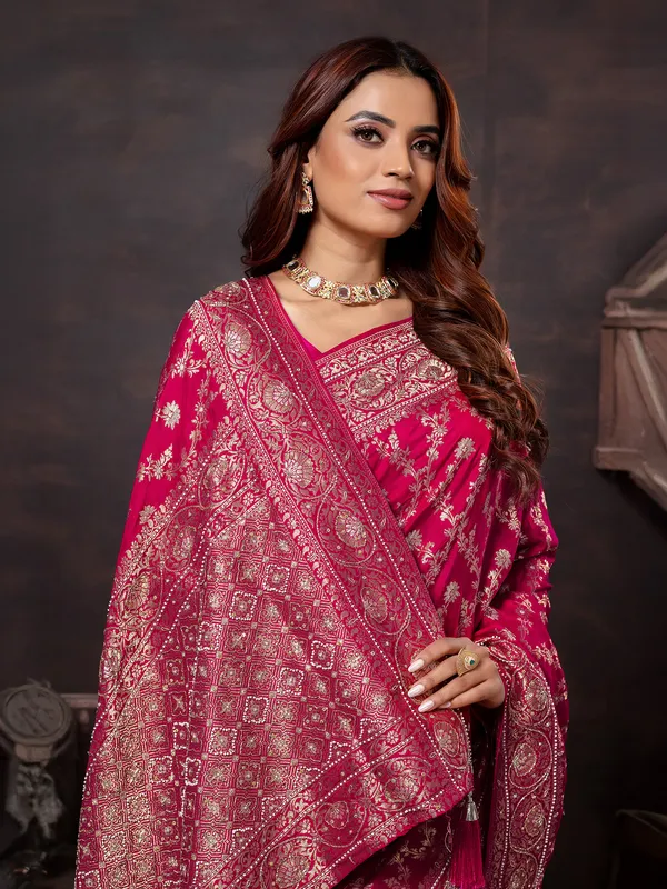 Magenta dola silk saree with beads work