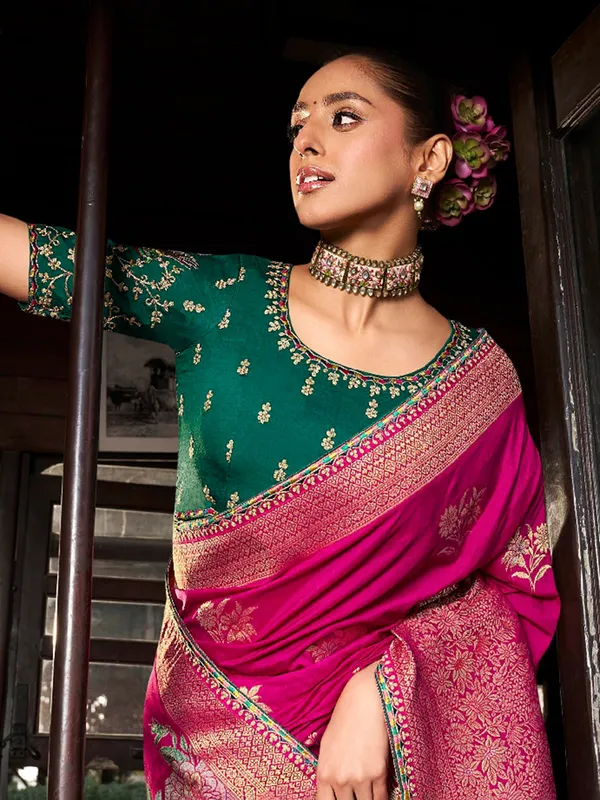 Magenta dola silk saree with contrast green border