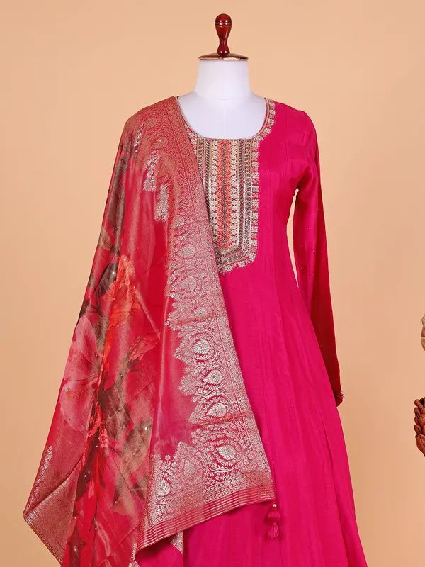 Magenta floor length suit with zari work dupatta