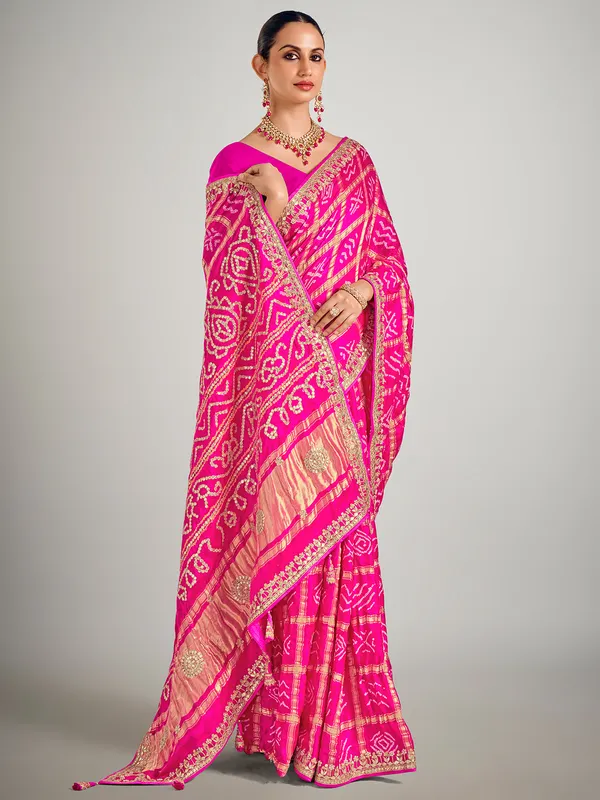Magenta gajji silk saree in bandhej printed