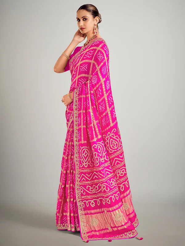 Magenta gajji silk saree in bandhej printed