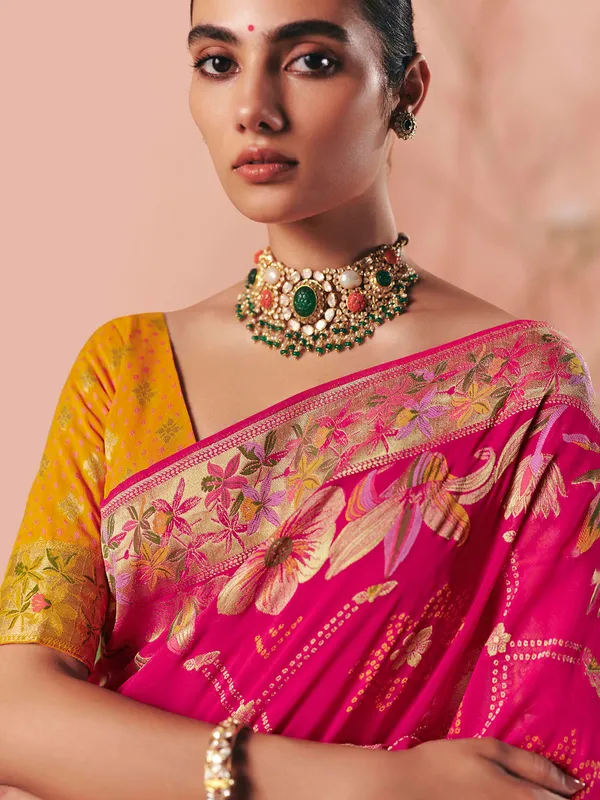 Magenta georgette bandhej zari woven designer saree