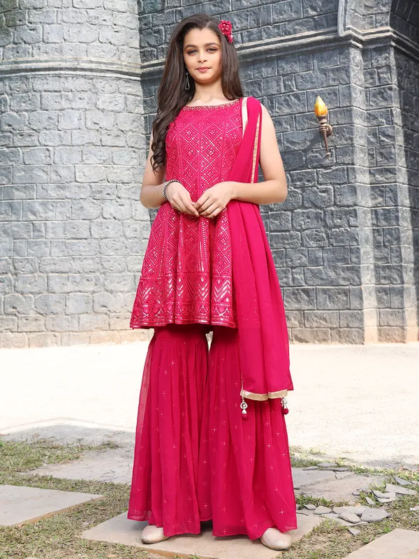 Magenta georgette embroidery sharara set