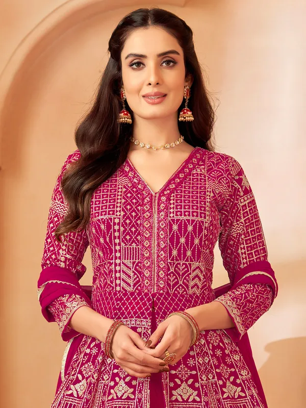 Magenta georgette palazzo suit with embroidery work