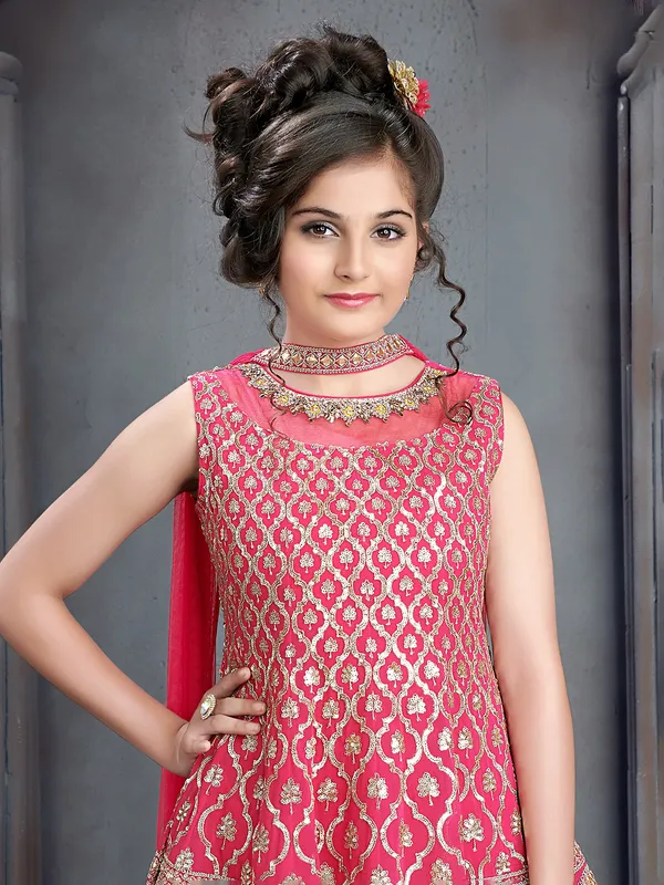 Magenta georgette sharara suit with choker dupatta