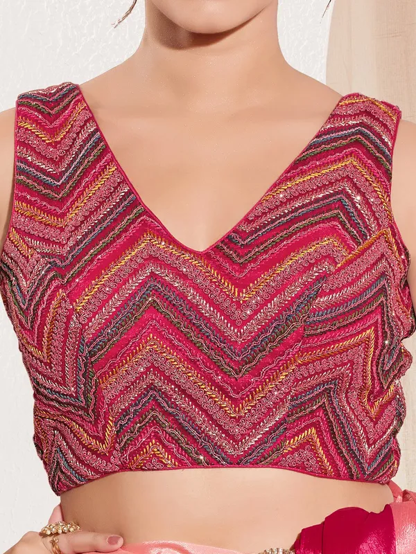 Magenta net ready made blouse with V neck