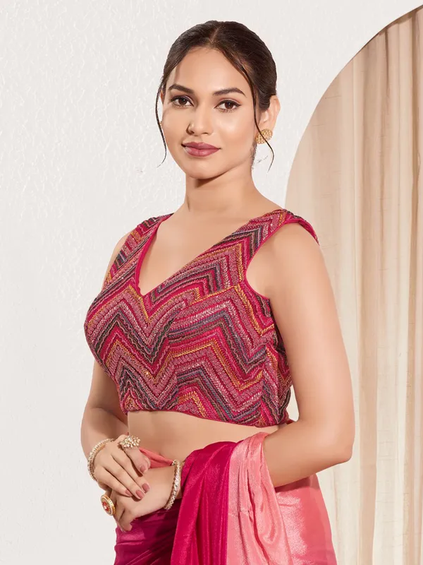 Magenta net ready made blouse with V neck