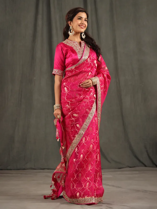 Magenta organza wedding saree