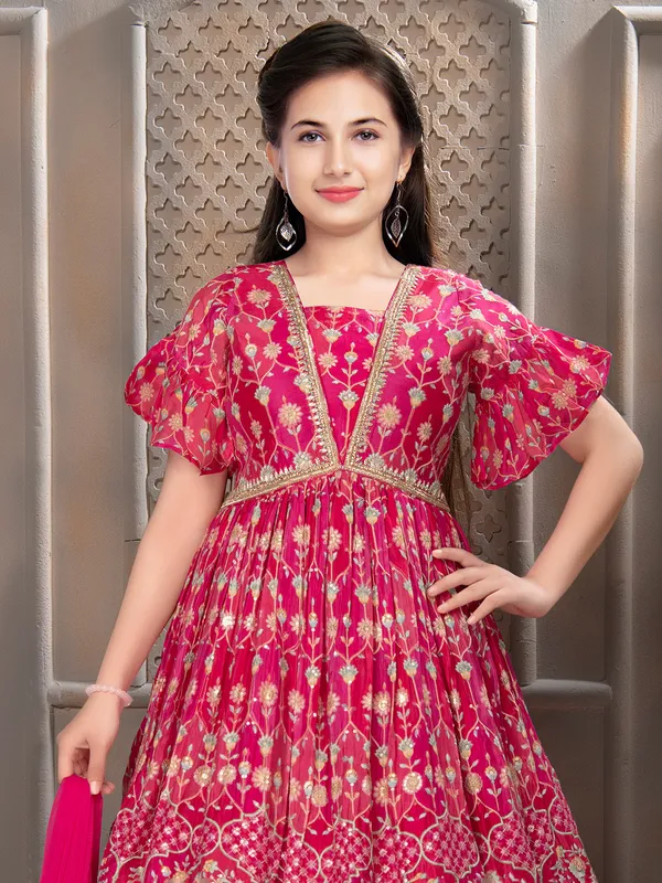 Magenta printed anarkali floor length suit