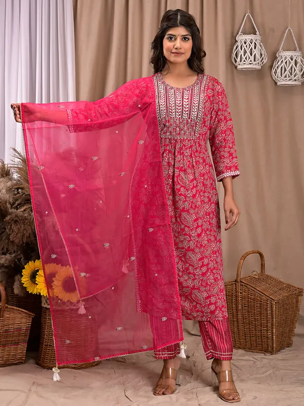 Magenta printed kurti set in cotton