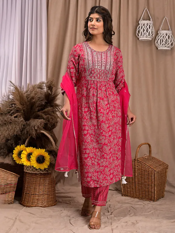 Magenta printed kurti set in cotton