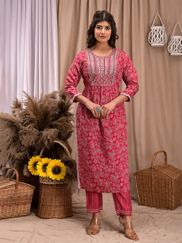 Magenta printed kurti set in cotton