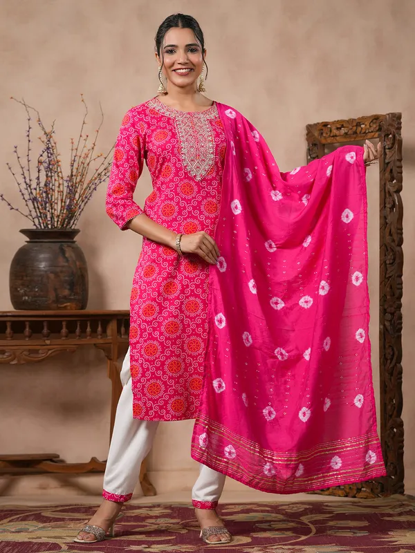 Magenta printed kurti set with dupatta