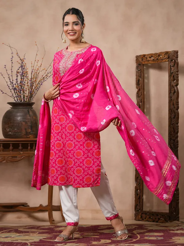 Magenta printed kurti set with dupatta