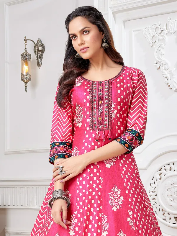 Magenta printed russian silk anarkali suit
