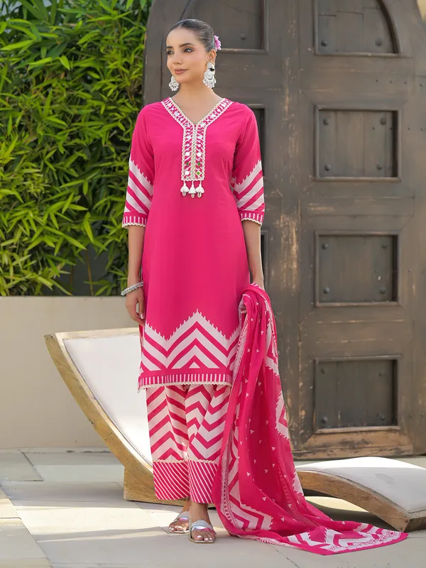 Magenta printed silk festive kurti set
