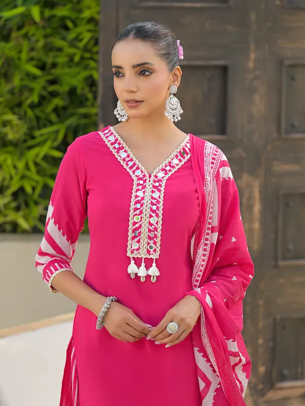 Magenta printed silk festive kurti set