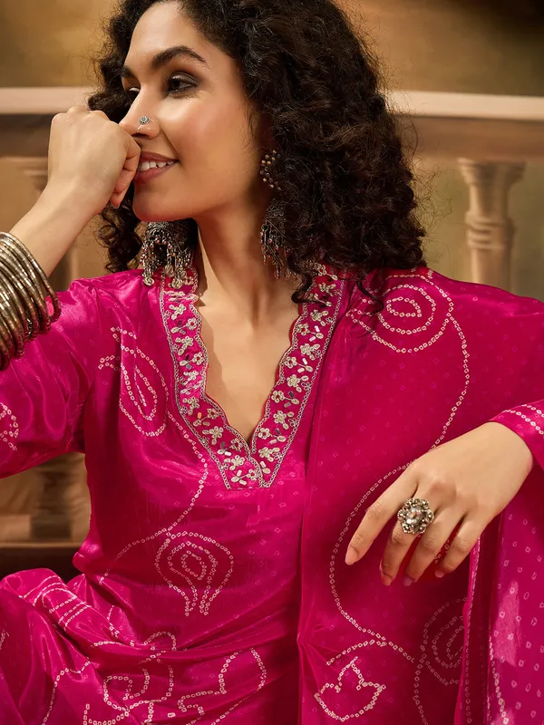 Magenta printed silk kurti set with resham work