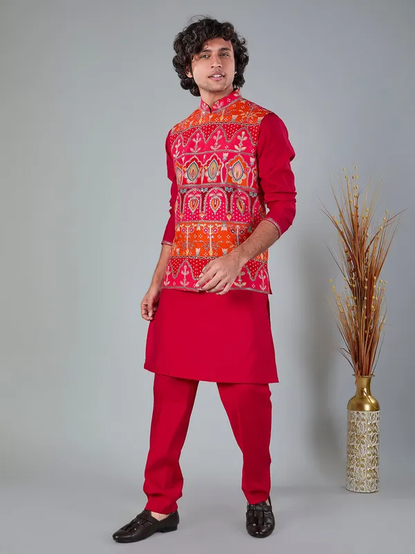 Magenta printed silk and viscose resham work waistcoat set