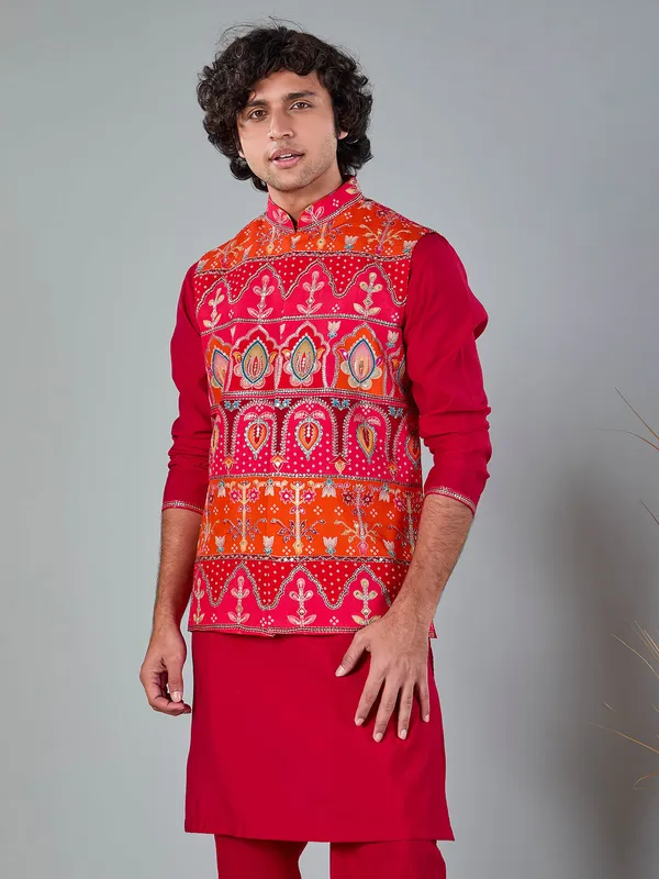 Magenta printed silk and viscose resham work waistcoat set