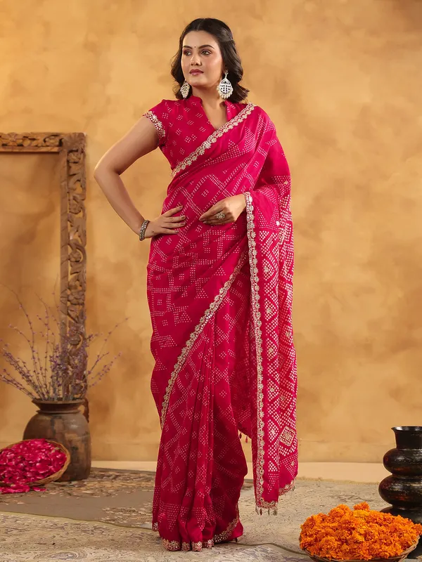 Magenta printed silk saree with resham detailing