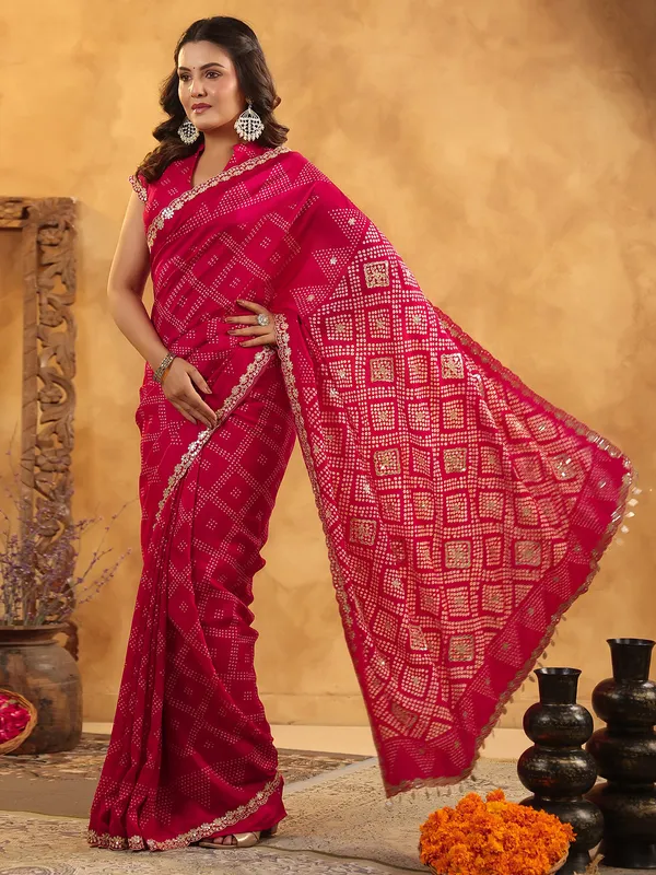 Magenta printed silk saree with resham detailing