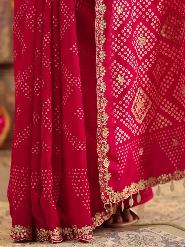 Magenta printed silk saree with resham detailing