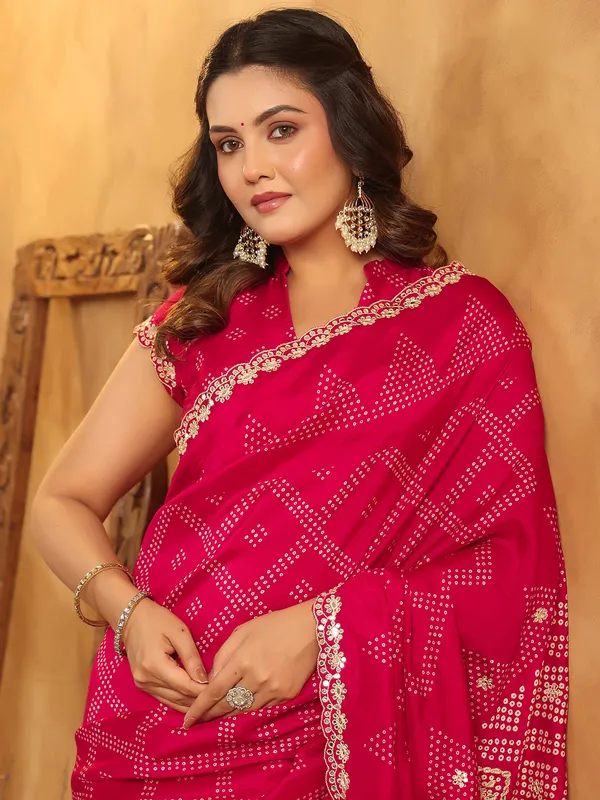 Magenta printed silk saree with resham detailing