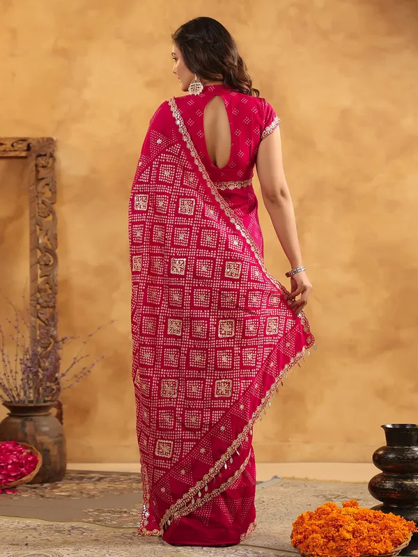 Magenta printed silk saree with resham detailing