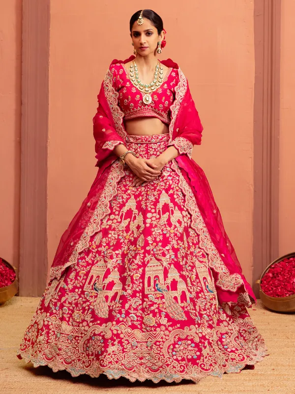 Magenta raw silk bridal lehenga choli with dupatta
