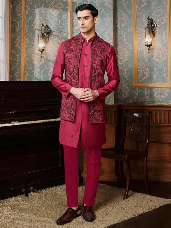 Maroon reception style waistcoat set for men