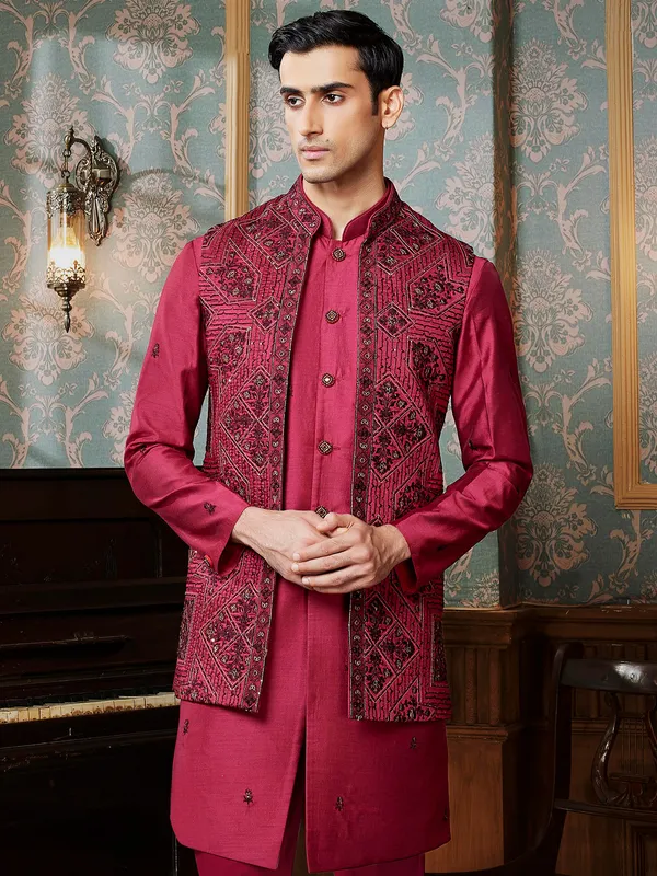Maroon reception style waistcoat set for men