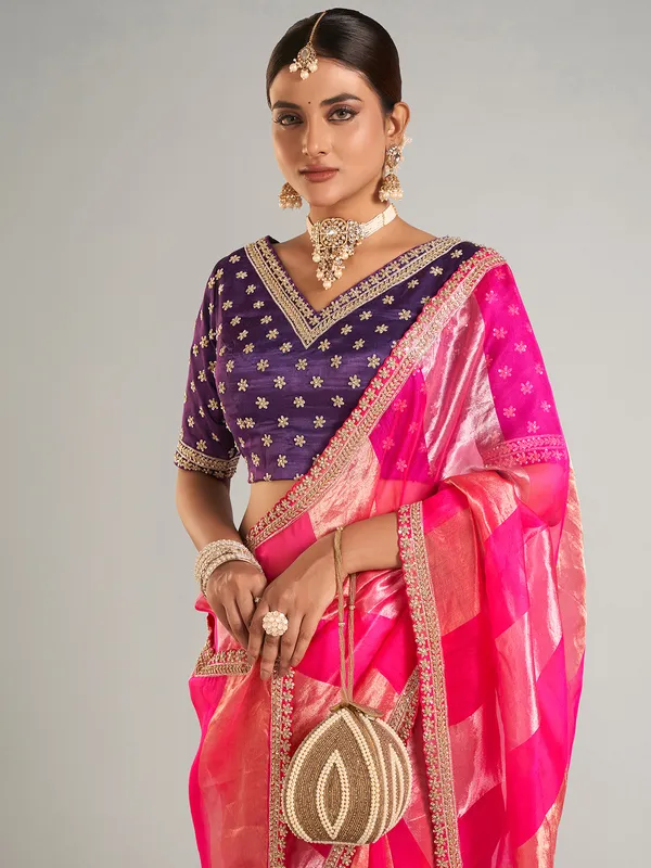 Magenta saree for wedding in tissue silk