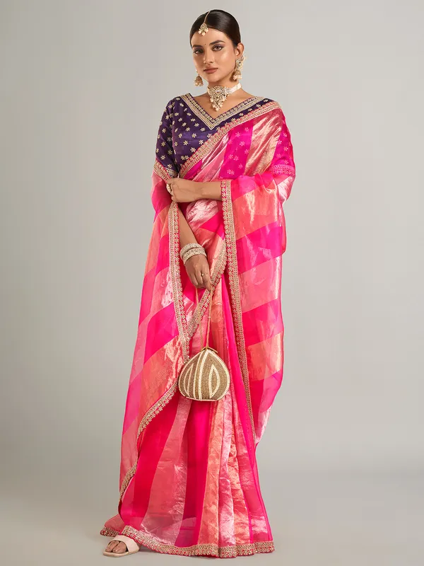 Magenta saree for wedding in tissue silk