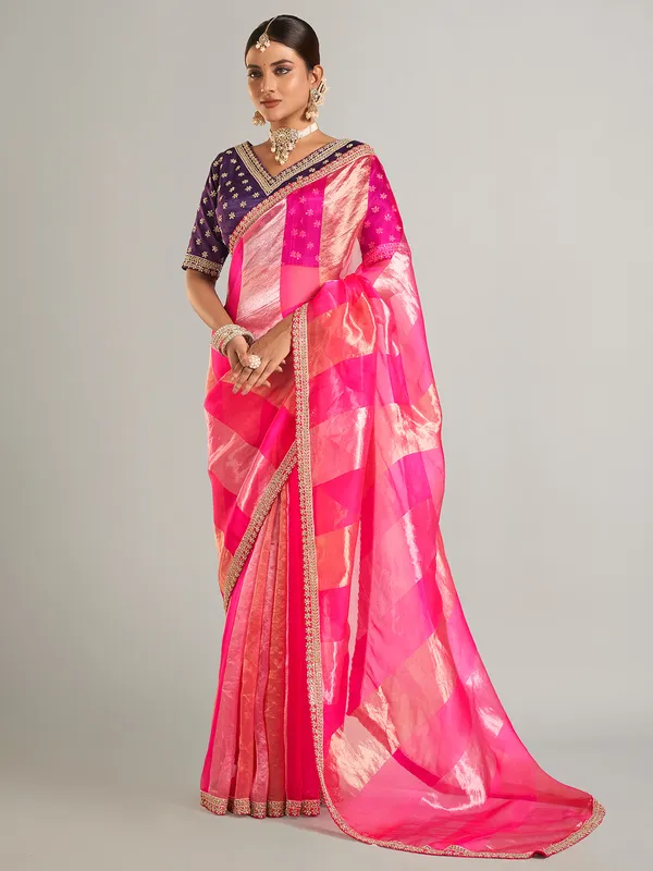 Magenta saree for wedding in tissue silk