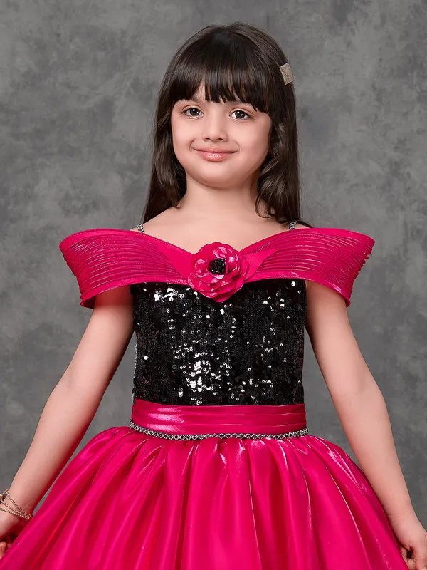 Magenta satin silk designer gown with pearls