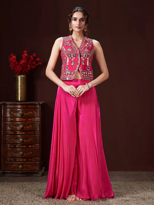 Magenta satin silk palazzo suit with V neckline