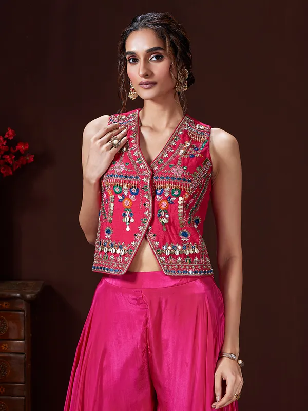 Magenta satin silk palazzo suit with V neckline